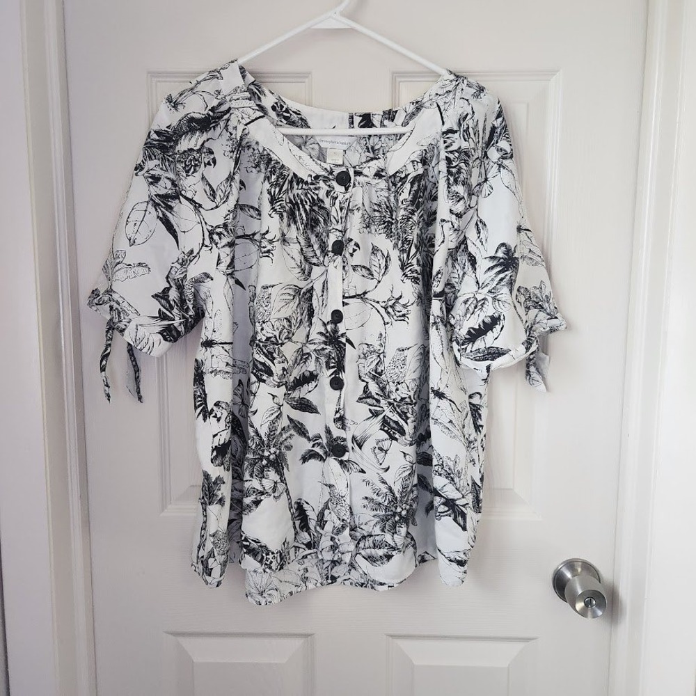 Christopher & Banks Women's XL Tropical Toile Bird Print Button Blouse 205